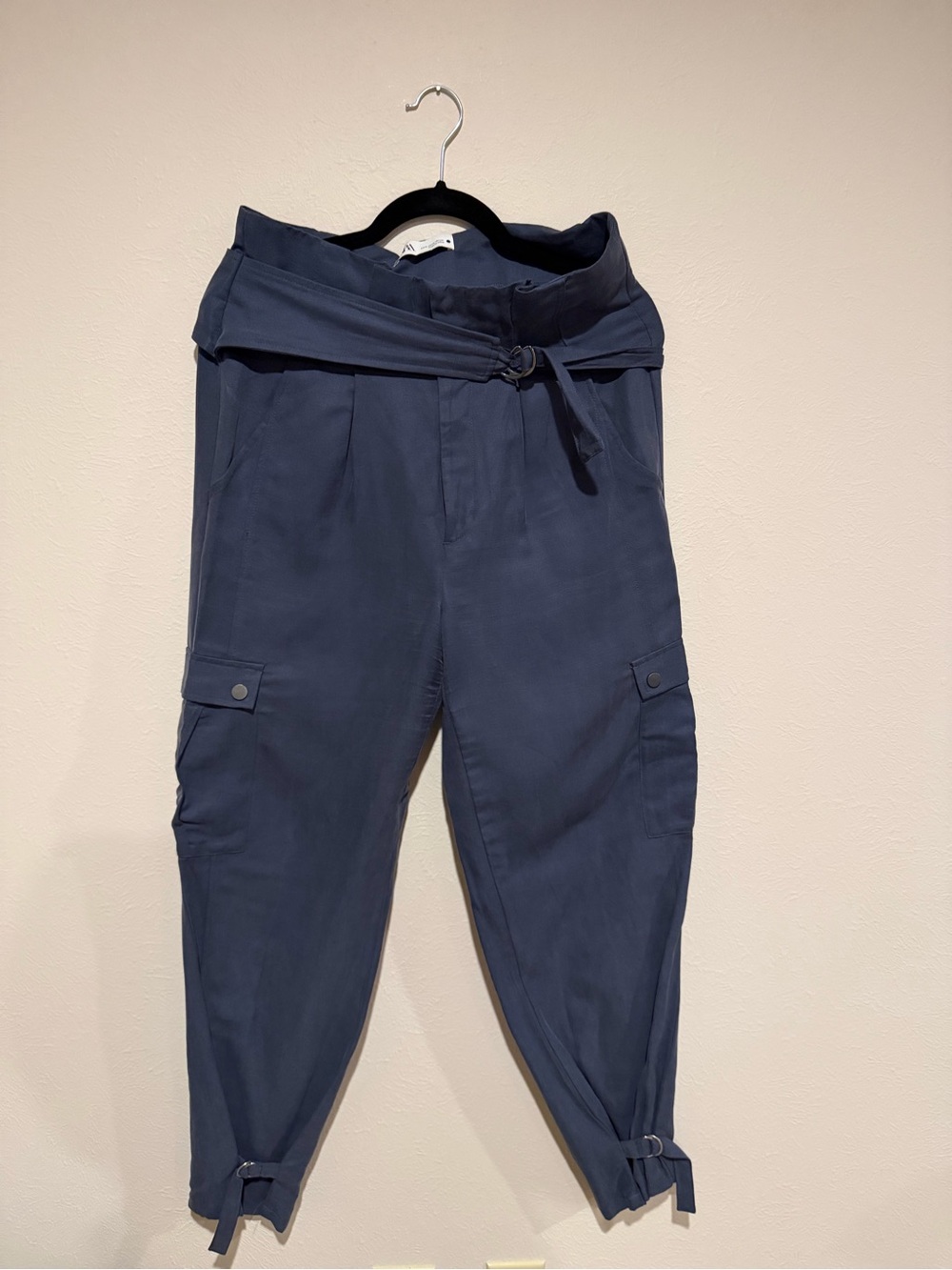 Zara Men's Navy Cargo belted Pants with Belted Waist